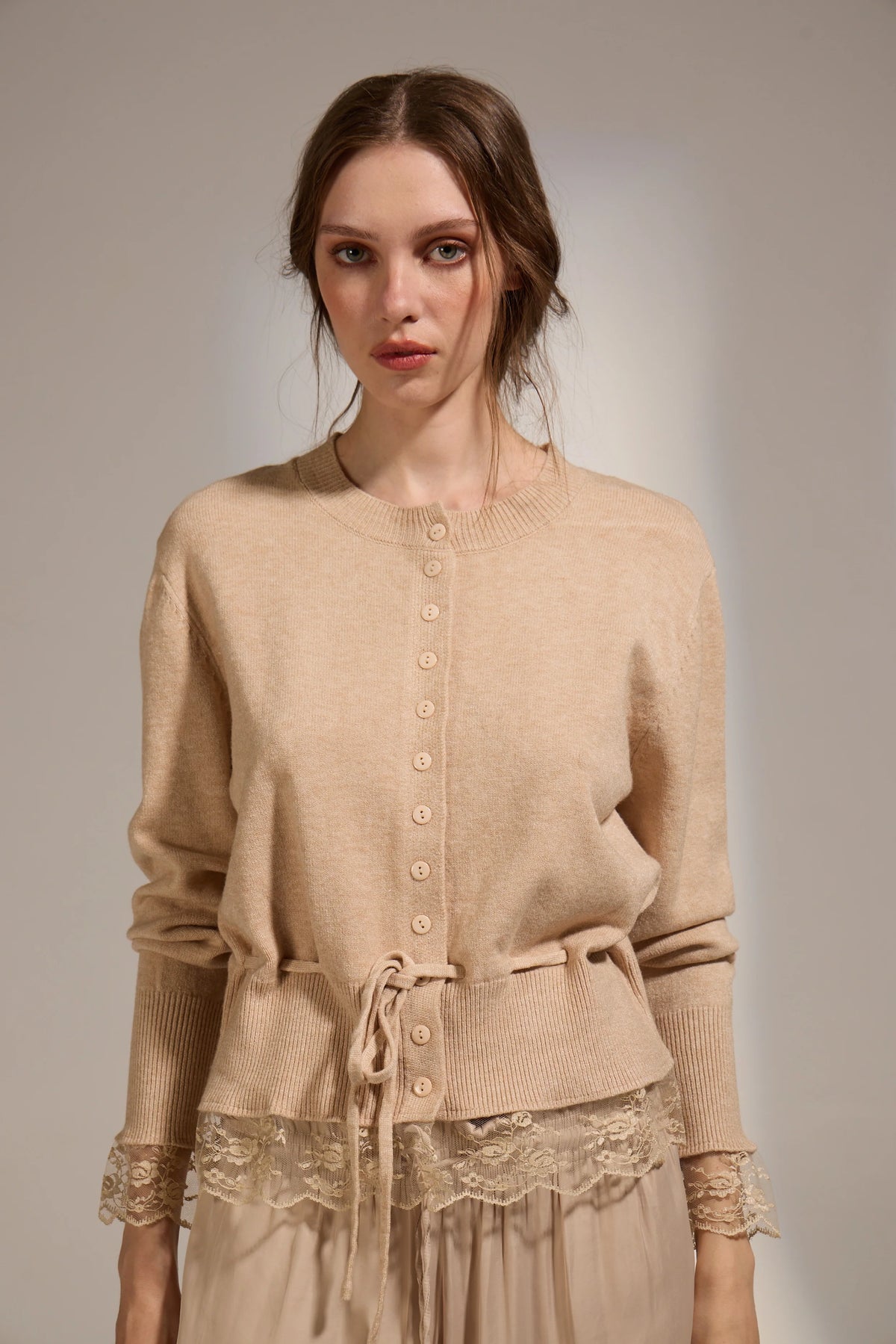 Deluc Funkadelic Lace Detail Cardigan- Greige