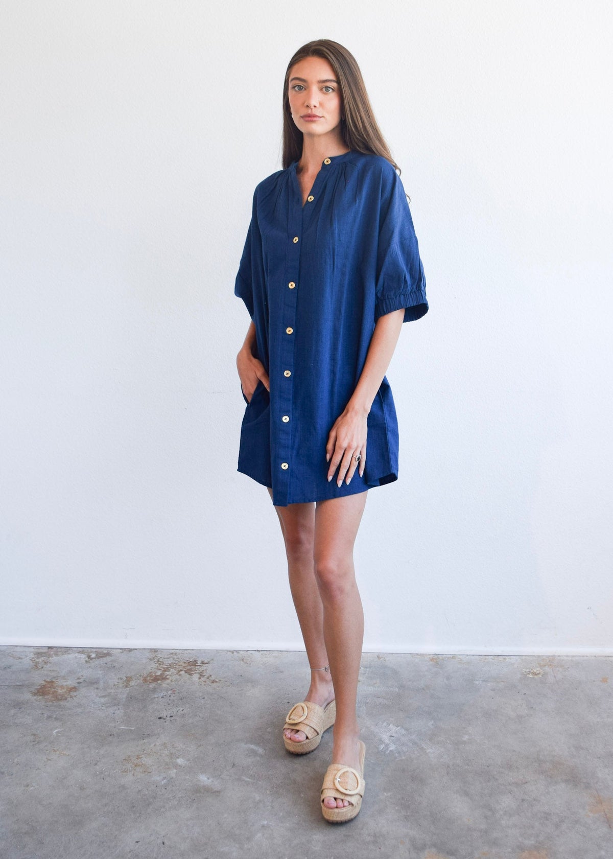 Never A Wallflower Elastic Short Sleeve Dress - Navy Woven