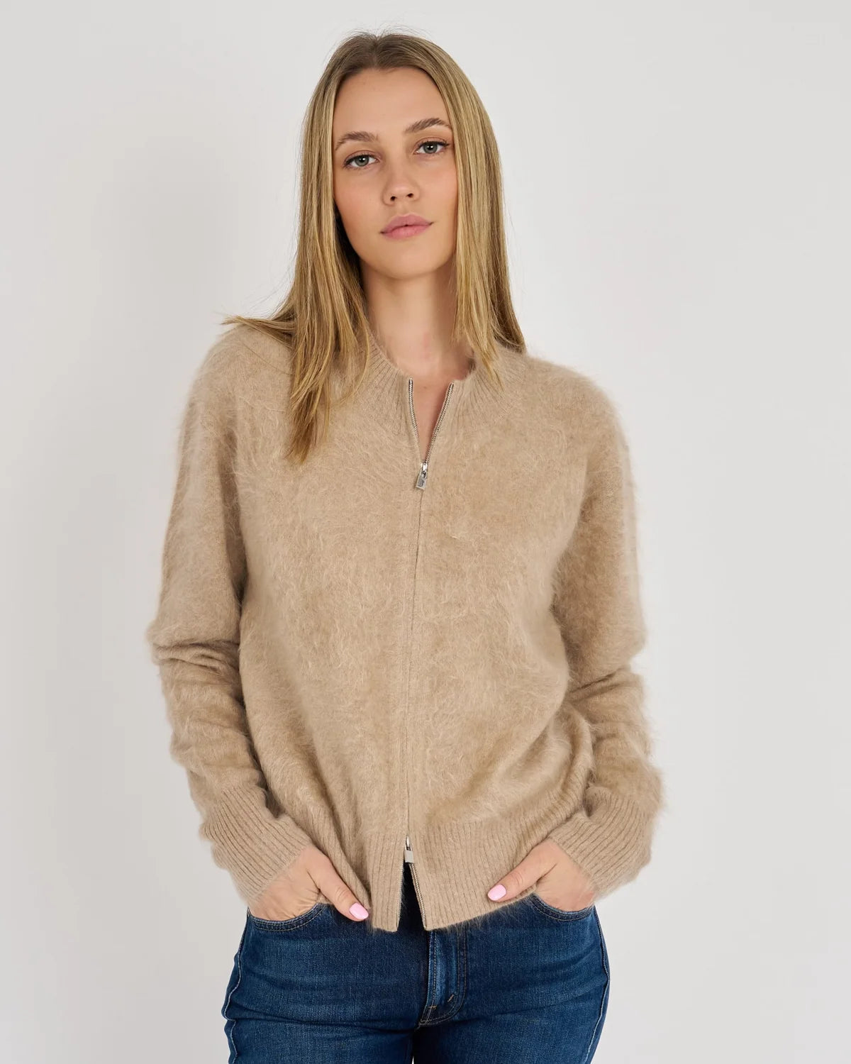 Archer Cashmere Sasha Brushed Cashmere Bomber- Camel