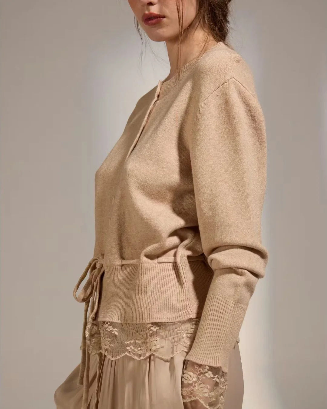 Deluc Funkadelic Lace Detail Cardigan- Greige