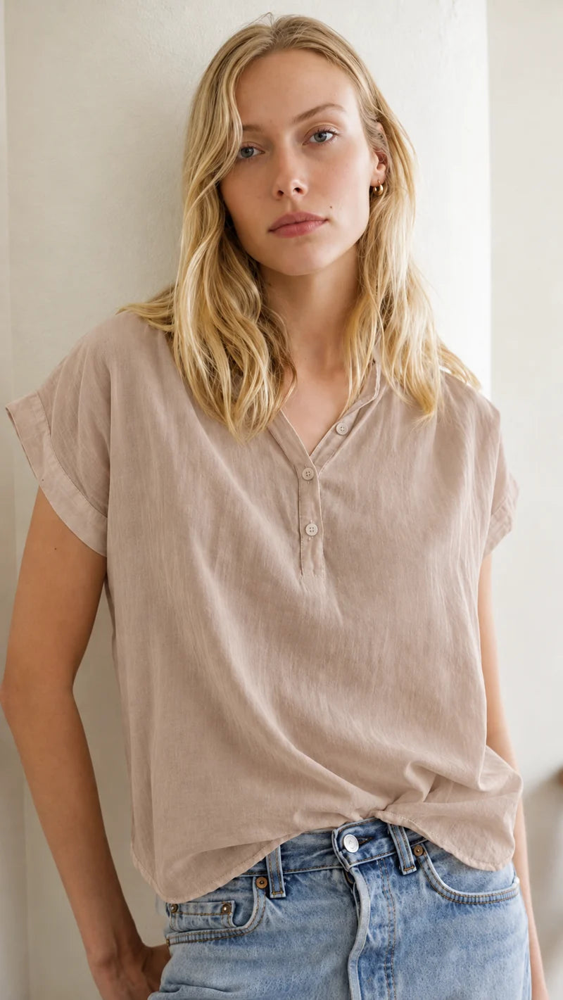 Felecite Womens Short Sleeve Linen Button Down- Tan