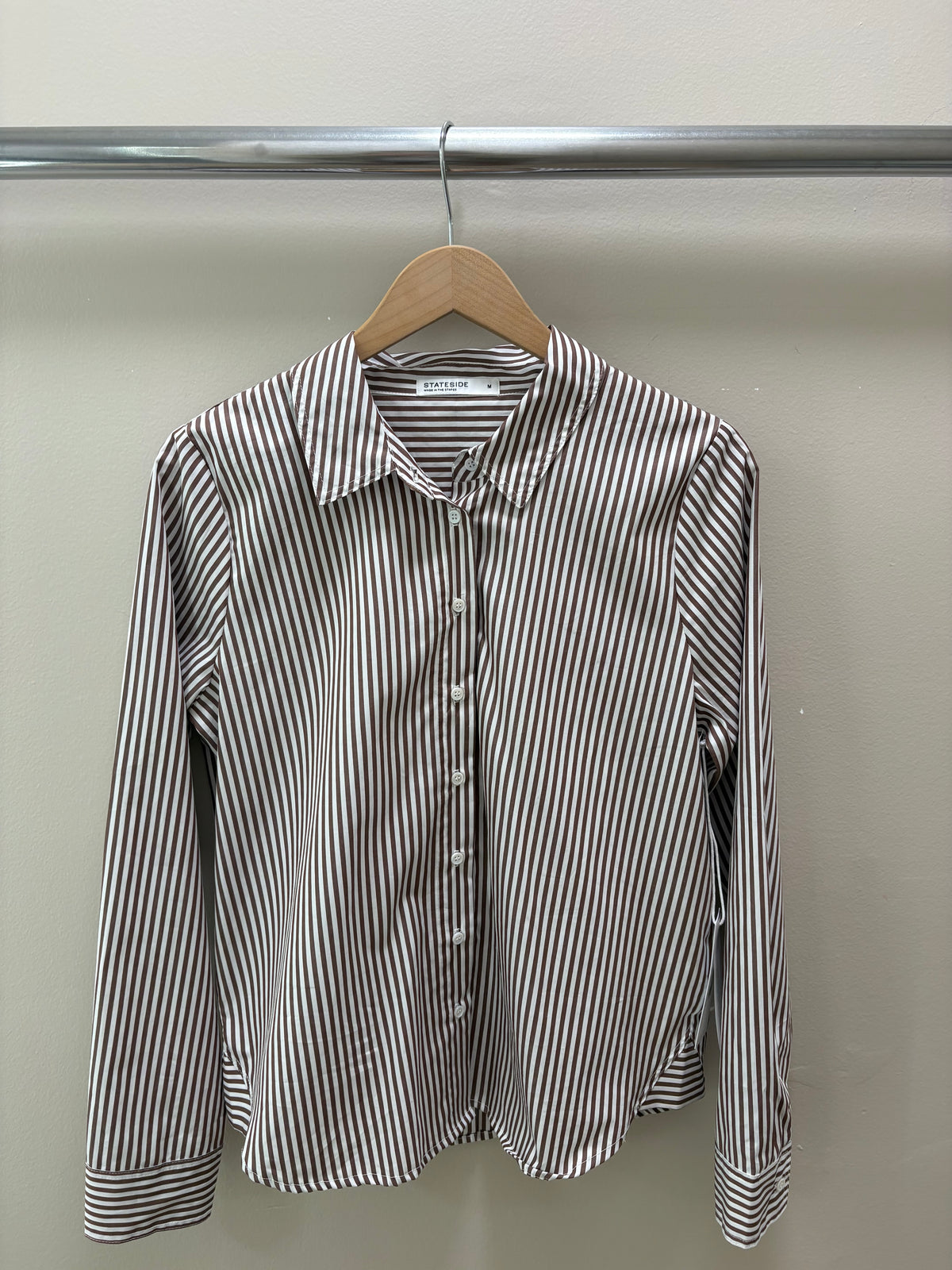 Stateside Spring Stripe Poplin Double Placket Shirt - Suede Brown
