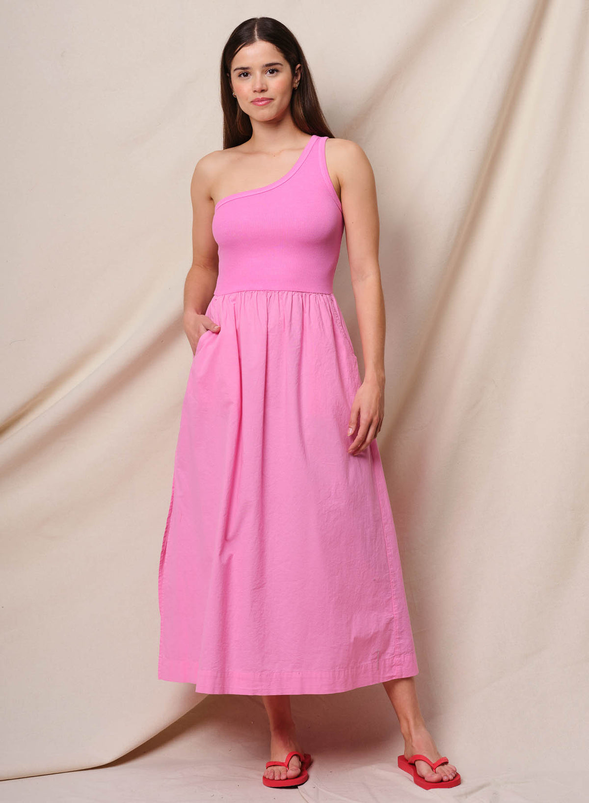 Sundry Mixed Media One Shoulder Tank Dress - Azalea