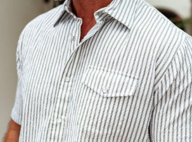 Criquet Short Sleeve Performance Pearl Snap - Sage Seersucker