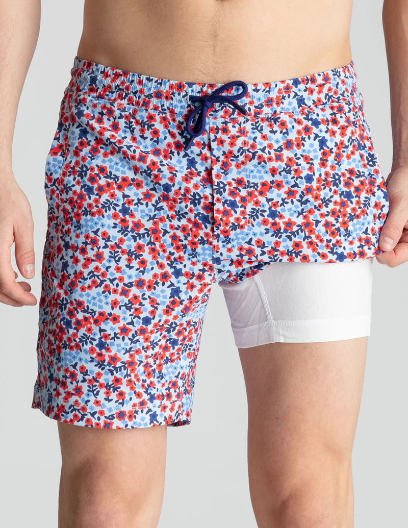 Birddogs Swim Short 6” - Blue & Red Flower