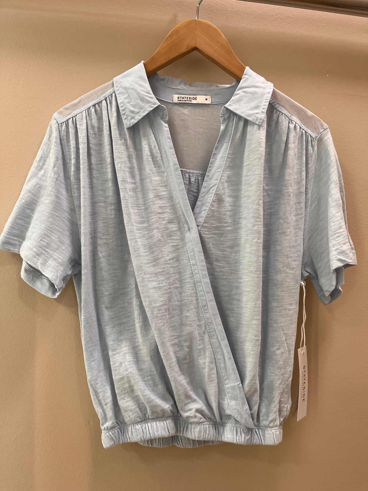 Stateside Supima Slub Jersey Mixed Media Surplice Top- Blue Haze