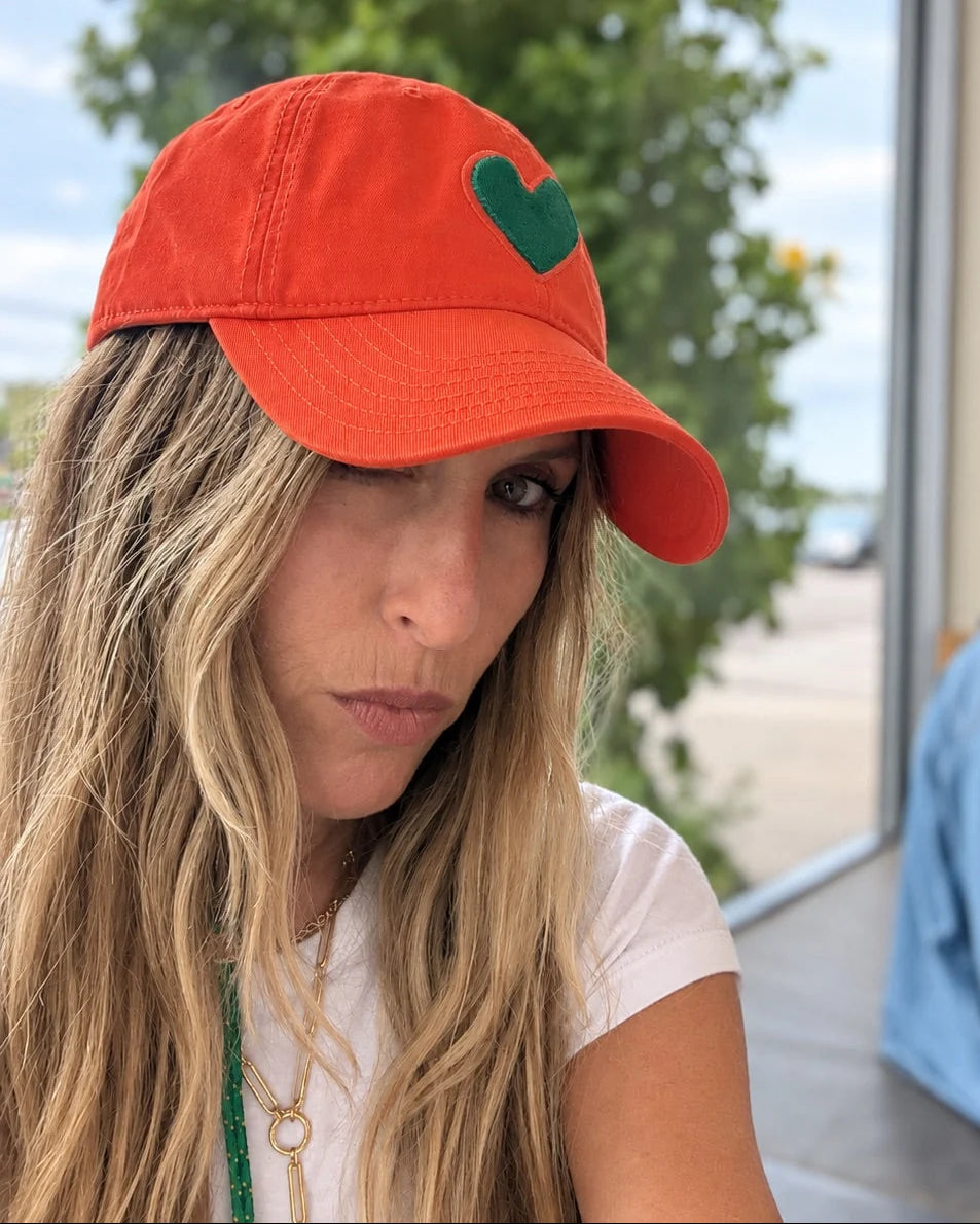 KERRI ROSENTHAL Imperfect Velvet Heart Hat- Tomato/ Army Green