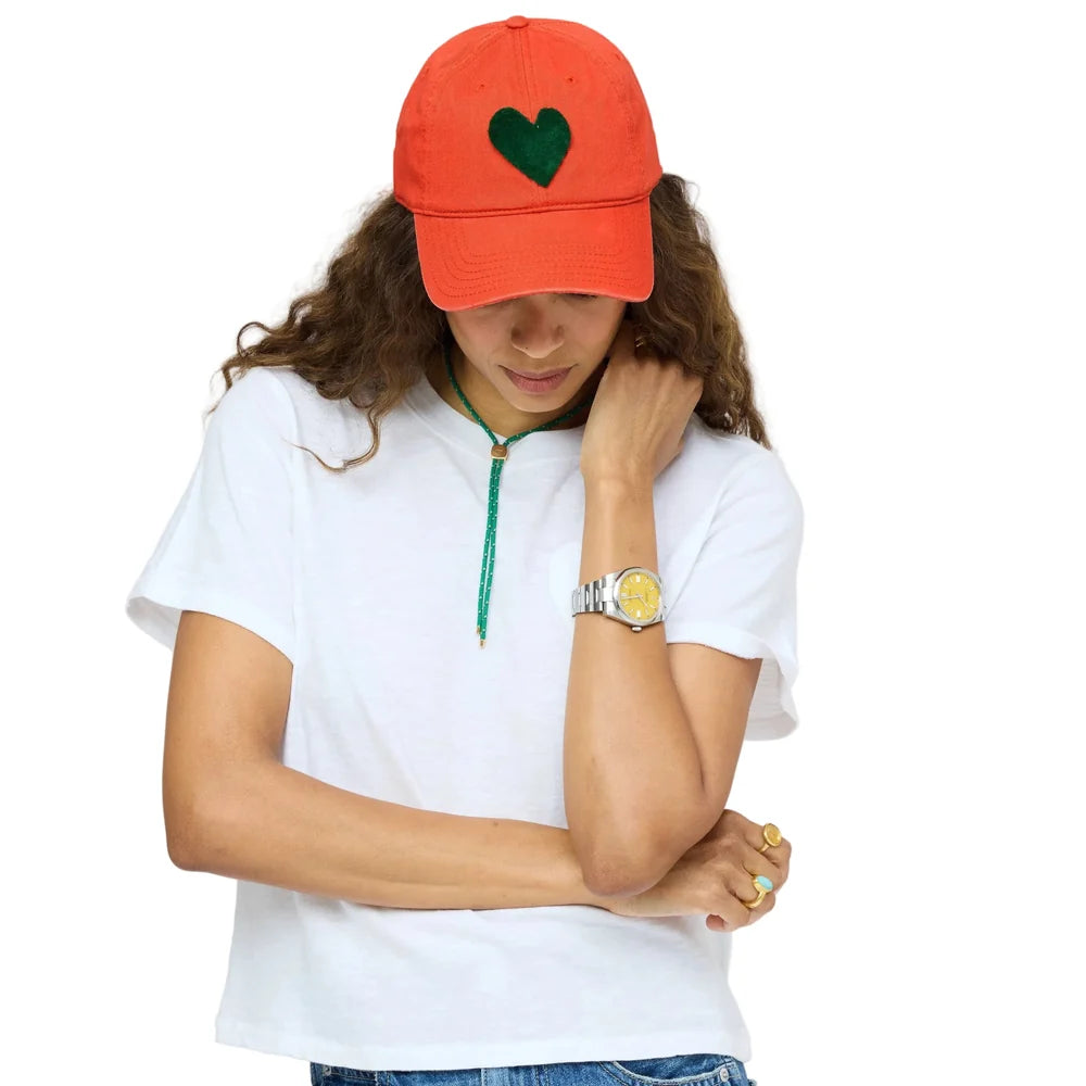 KERRI ROSENTHAL Imperfect Velvet Heart Hat- Tomato/ Army Green