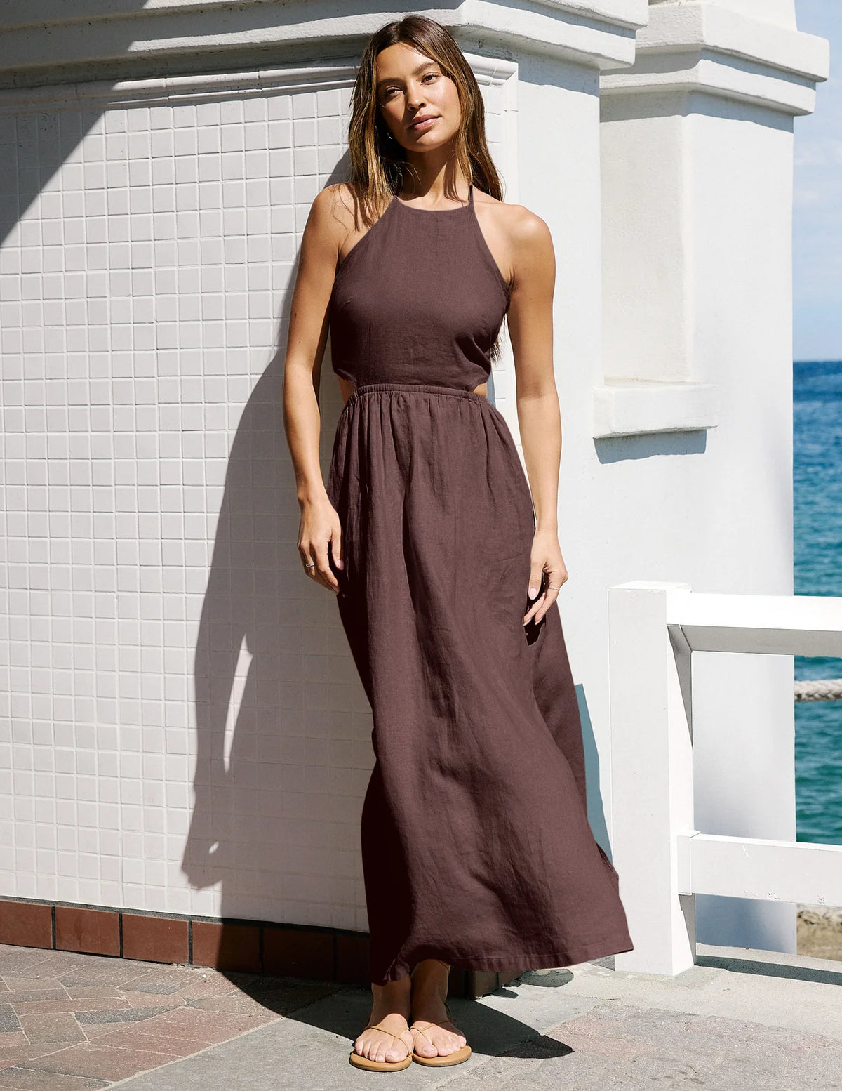 Beyond Yoga SoftWash Linen Halter Dress- Iced Mocha