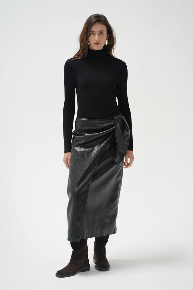 LNA Vega Faux Leather Wrap Skirt - Black