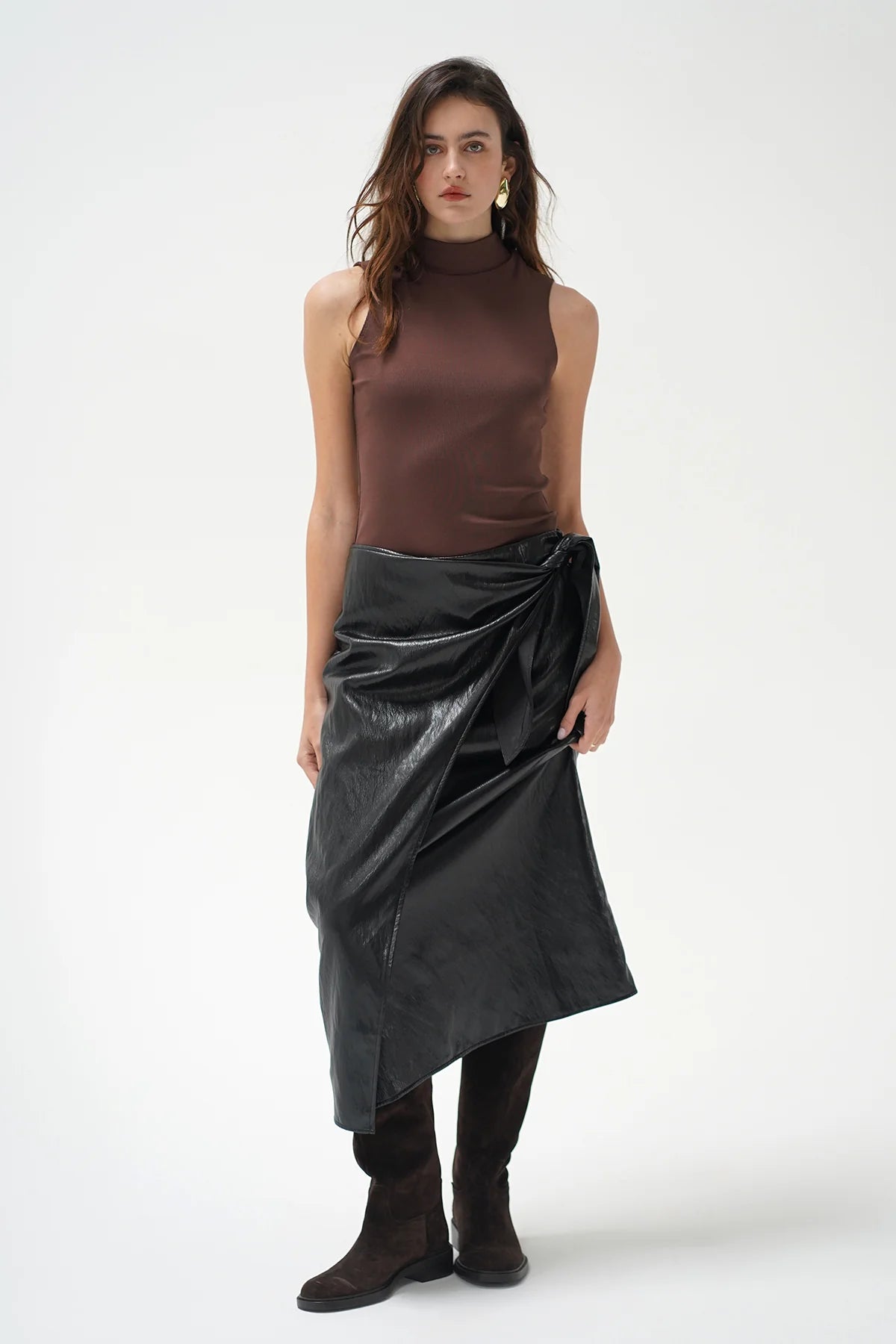 LNA Vega Faux Leather Wrap Skirt - Black