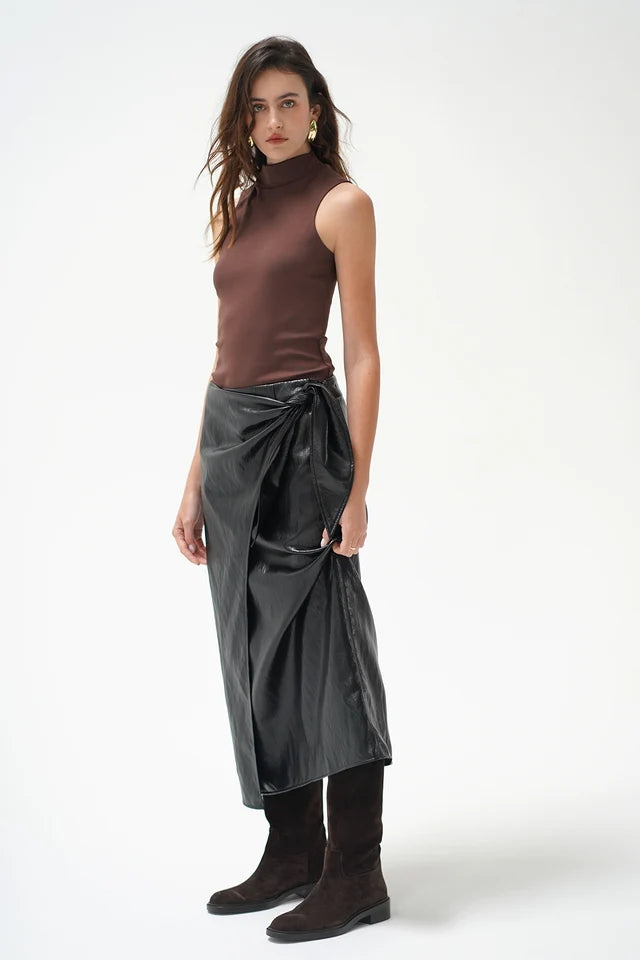 LNA Vega Faux Leather Wrap Skirt - Black
