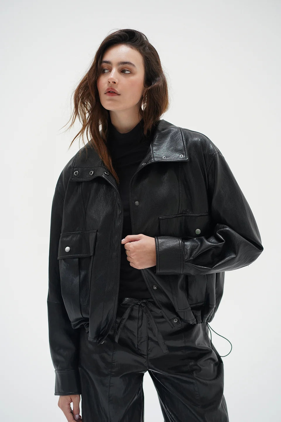 LNA Mercer Faux Leather Bomber Jacket - Black