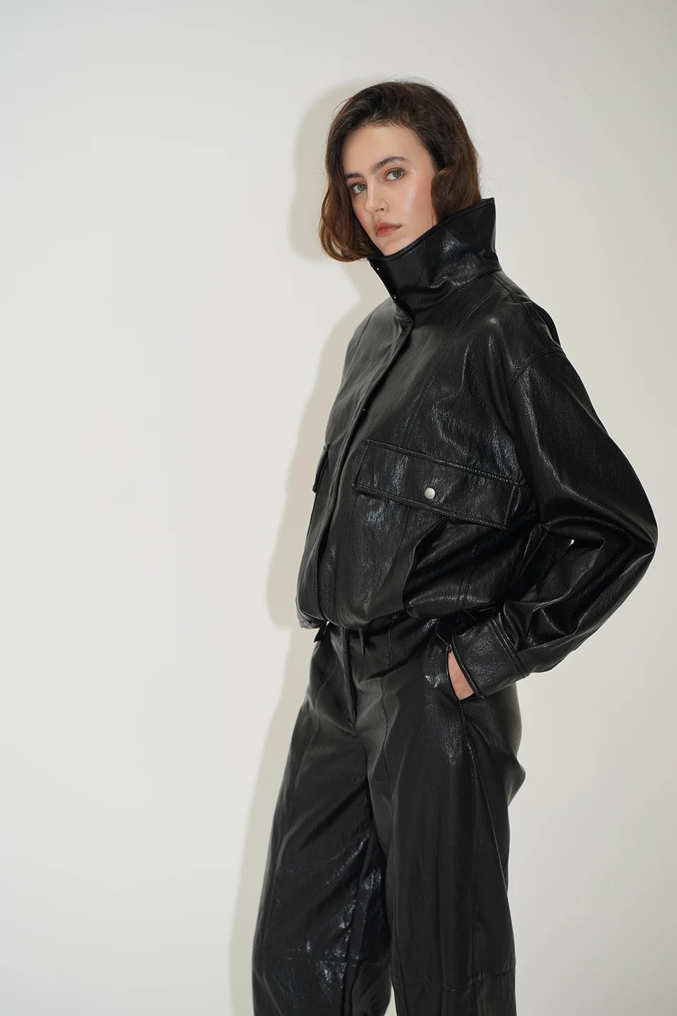LNA Mercer Faux Leather Bomber Jacket - Black