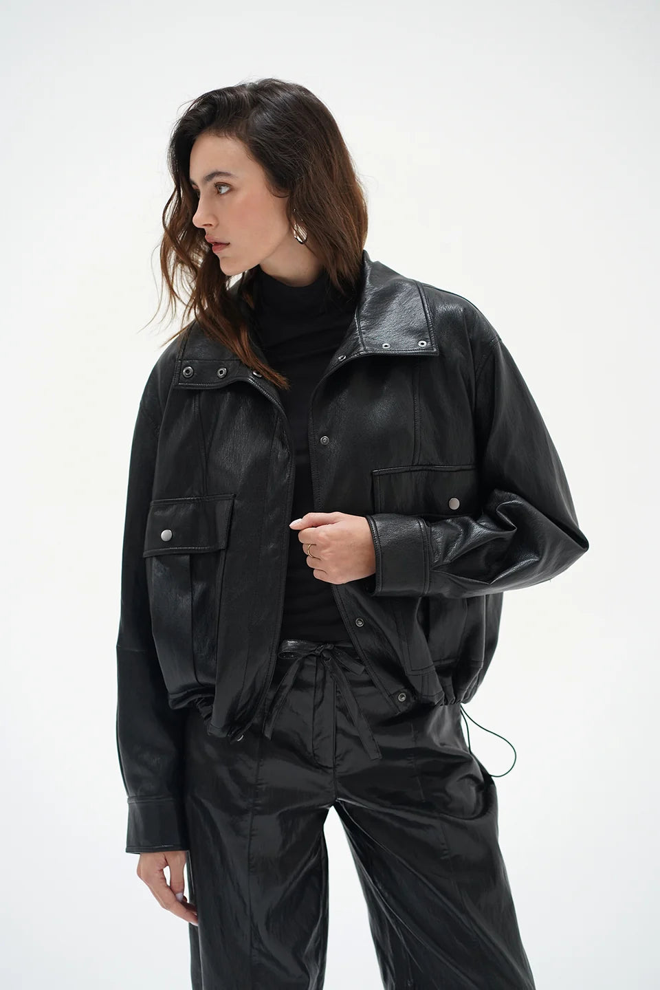 LNA Mercer Faux Leather Bomber Jacket - Black