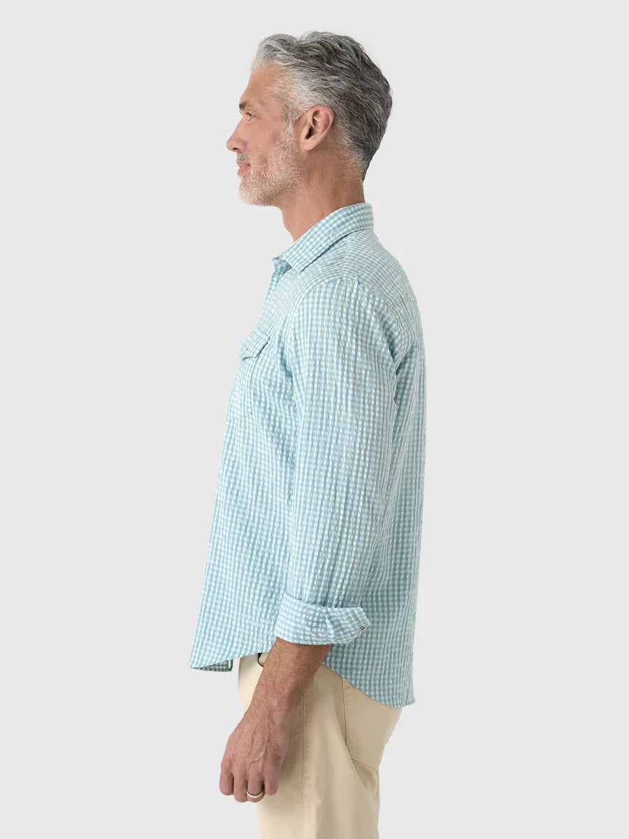 Criquet Gingham Seersucker Long Sleeve Performance Pearl Snap - Blue