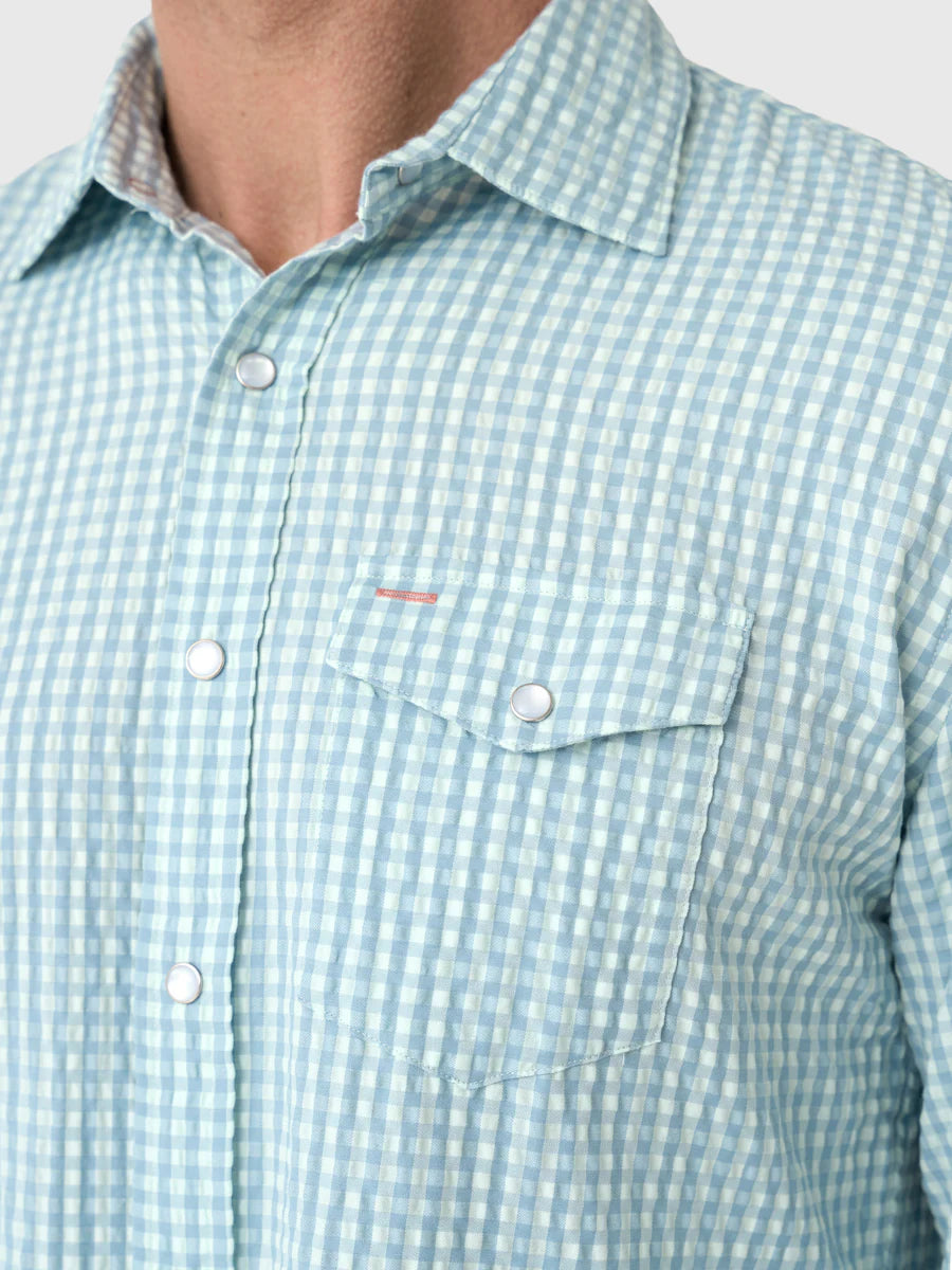 Criquet Gingham Seersucker Long Sleeve Performance Pearl Snap - Blue