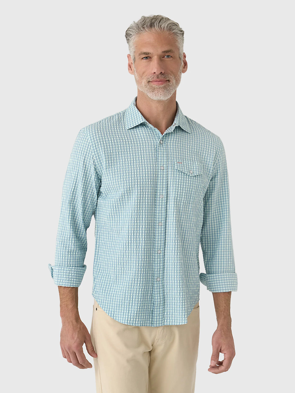 Criquet Gingham Seersucker Long Sleeve Performance Pearl Snap - Blue