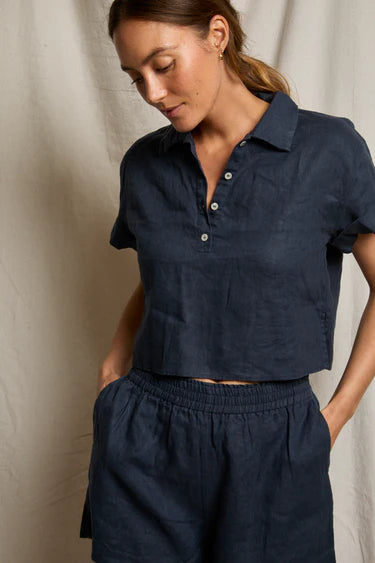 Perfect White Tee Tabitha Linen Collared Cropped Polo Tee - Navy
