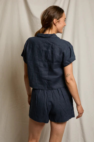 Perfect White Tee Tabitha Linen Collared Cropped Polo Tee - Navy
