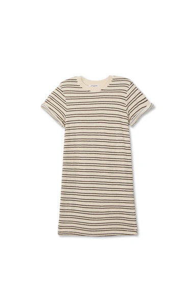 Perfect White Tee Nella - Loop terry short sleeve stripe dress- Natural chocolate stripe