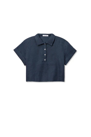Perfect White Tee Tabitha Linen Collared Cropped Polo Tee - Navy