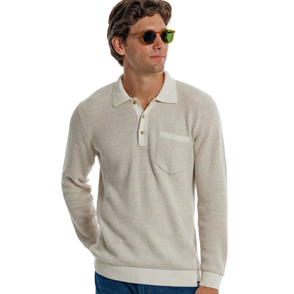 Criquet Long Sleeve Bungalow Sweater Polo- Oat