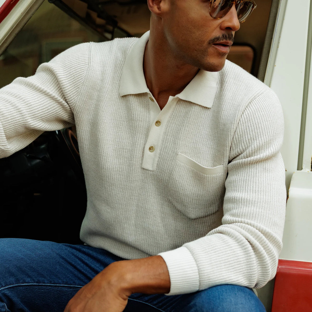 Criquet Long Sleeve Bungalow Sweater Polo- Oat