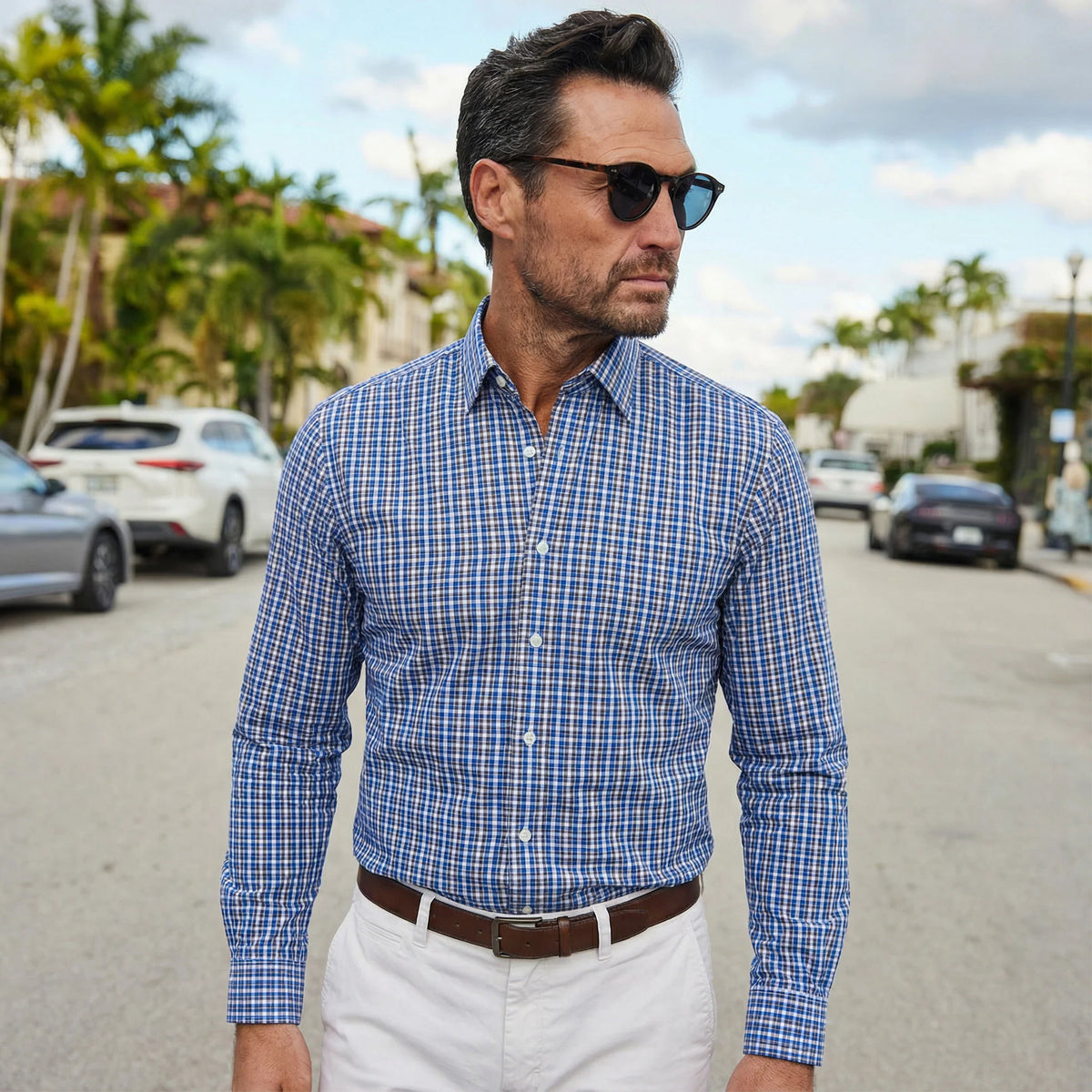 Collars & Co. Apex Performance Dress Shirt Semi-Spread Collar- Royal and Brown Tattersall