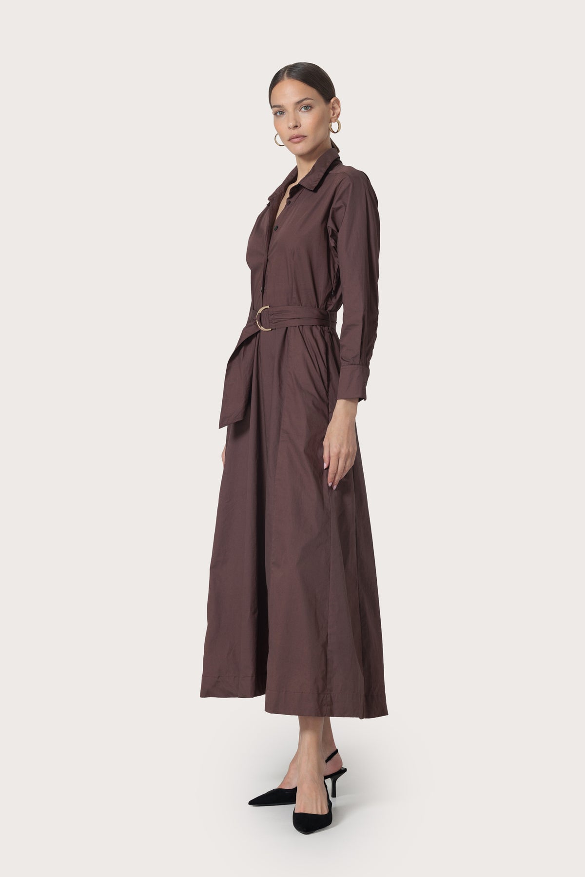 Lusana Carla Belted Maxi Poplin Shirt Dress - Mocha