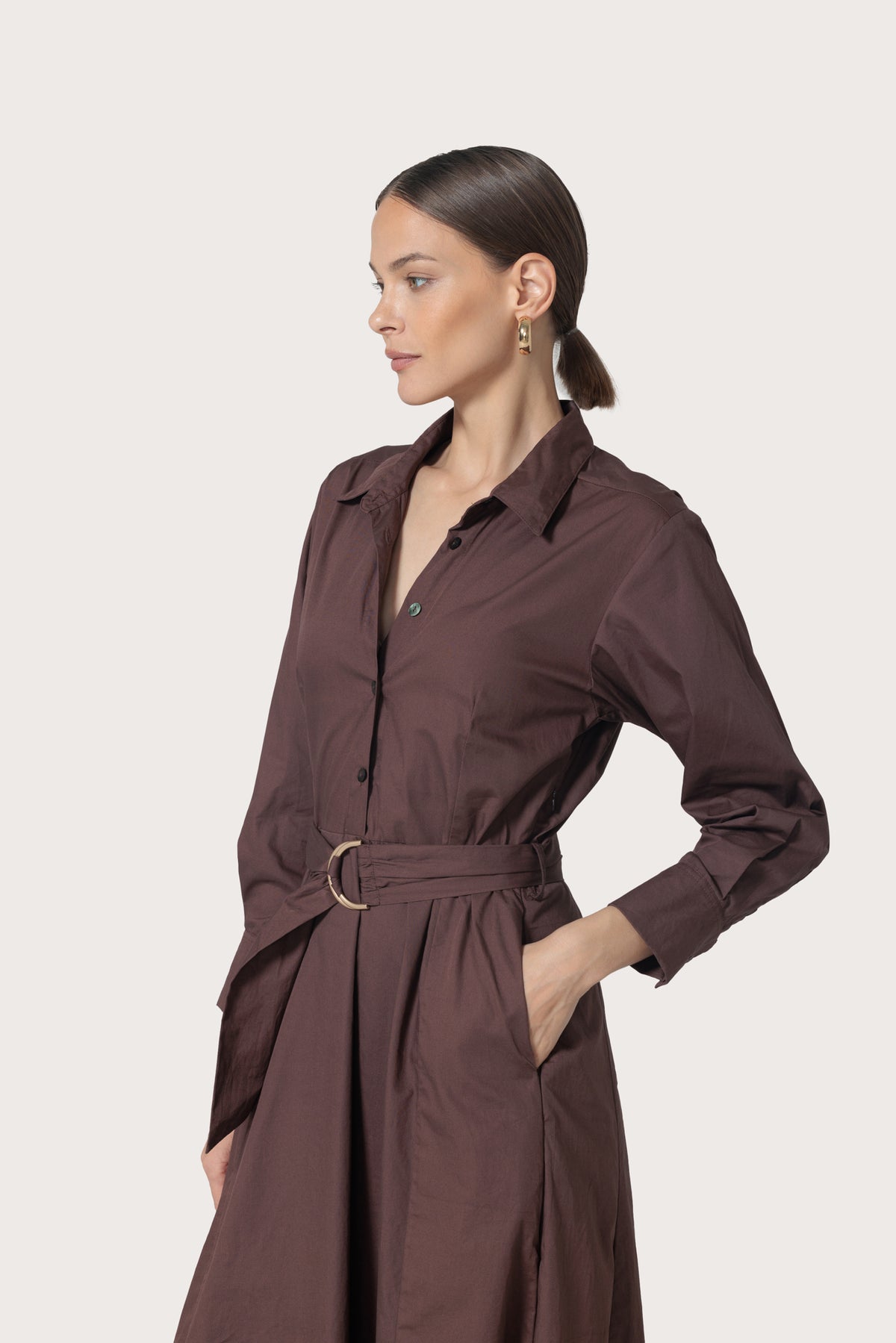Lusana Carla Belted Maxi Poplin Shirt Dress - Mocha