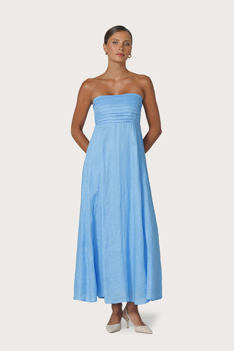 Lusana Talia Pintuck Linen Maxi Dress - Neu Bleu