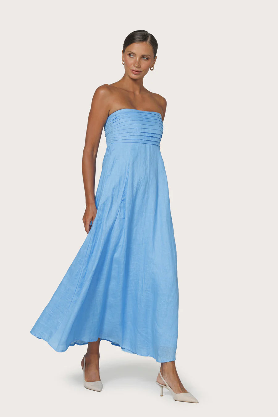 Lusana Talia Pintuck Linen Maxi Dress - Neu Bleu
