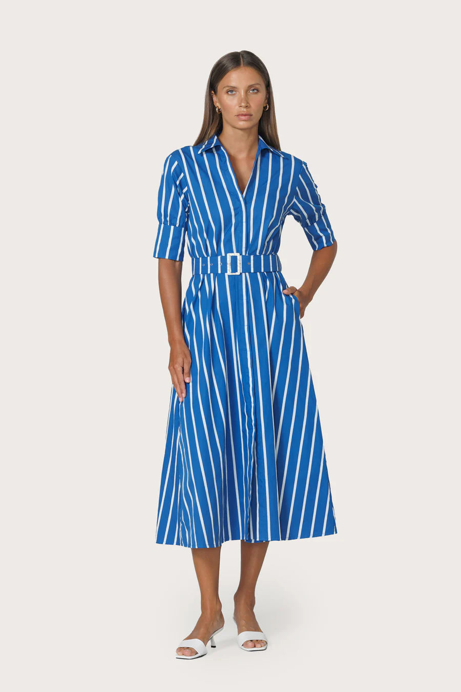 Lusana Chrissie Belted Maxi Poplin Shirt Dress - Vacay Stripe