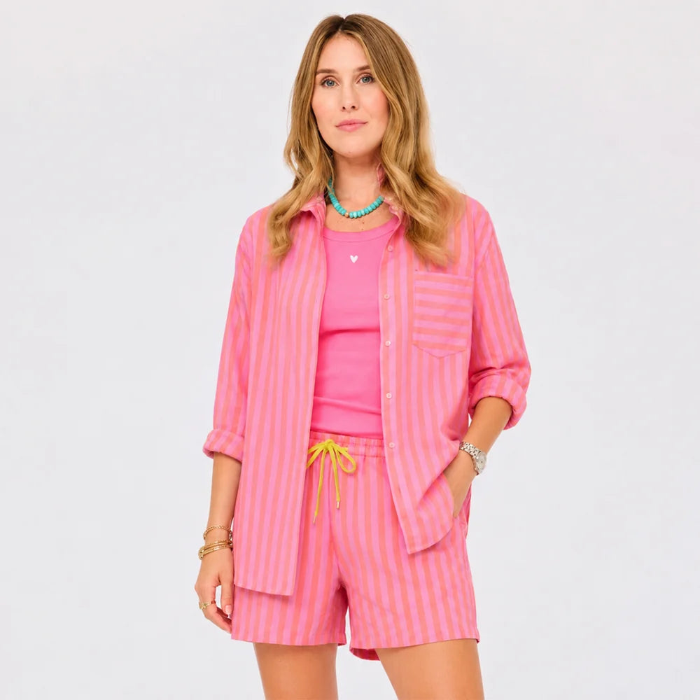 KERRI ROSENTHAL Mia Stripe Shirt- Palm Pink/ Cali Rose