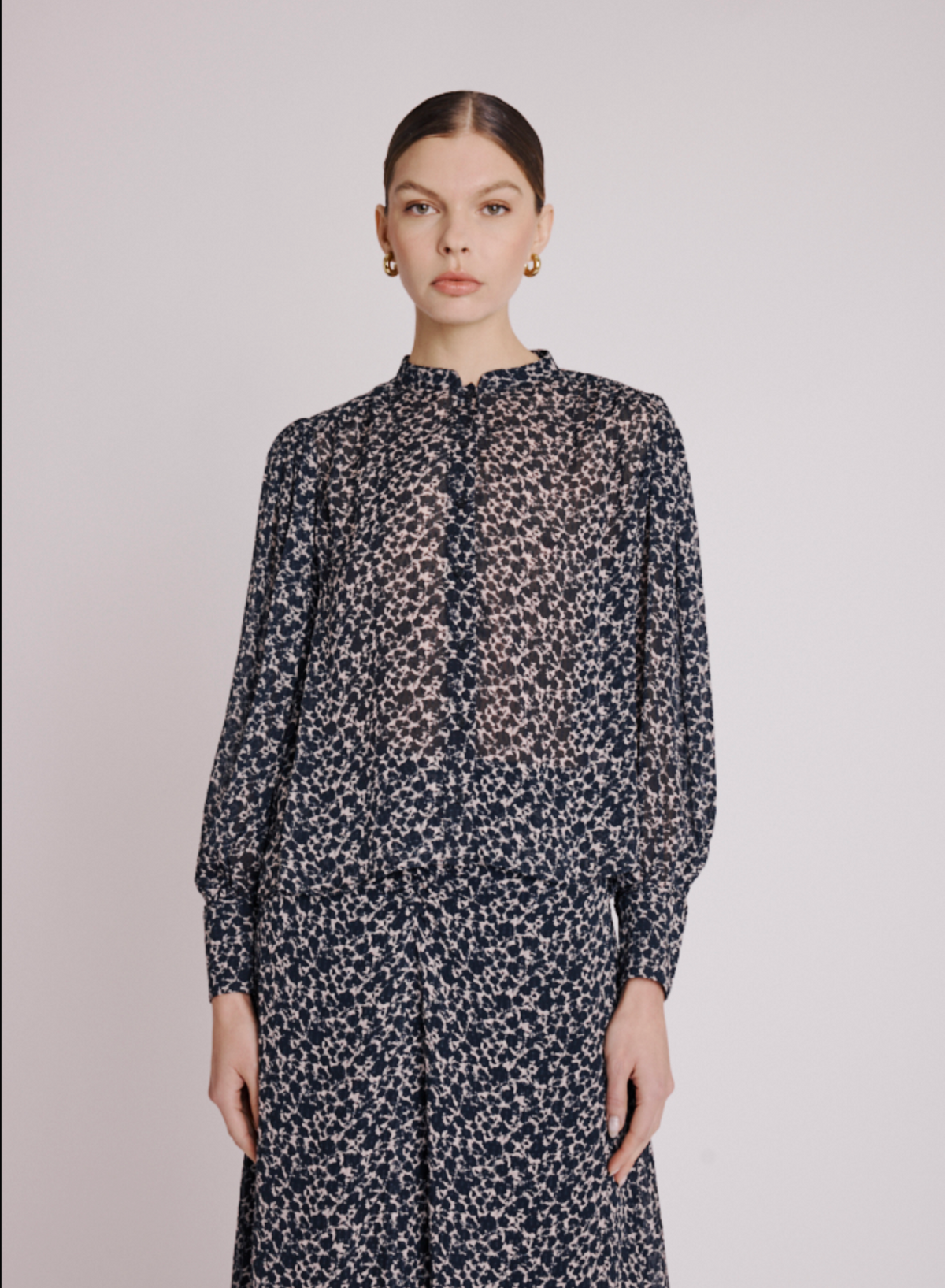 Berenice Corna Printed Mandarin Collar Shirt - Pansy Off White