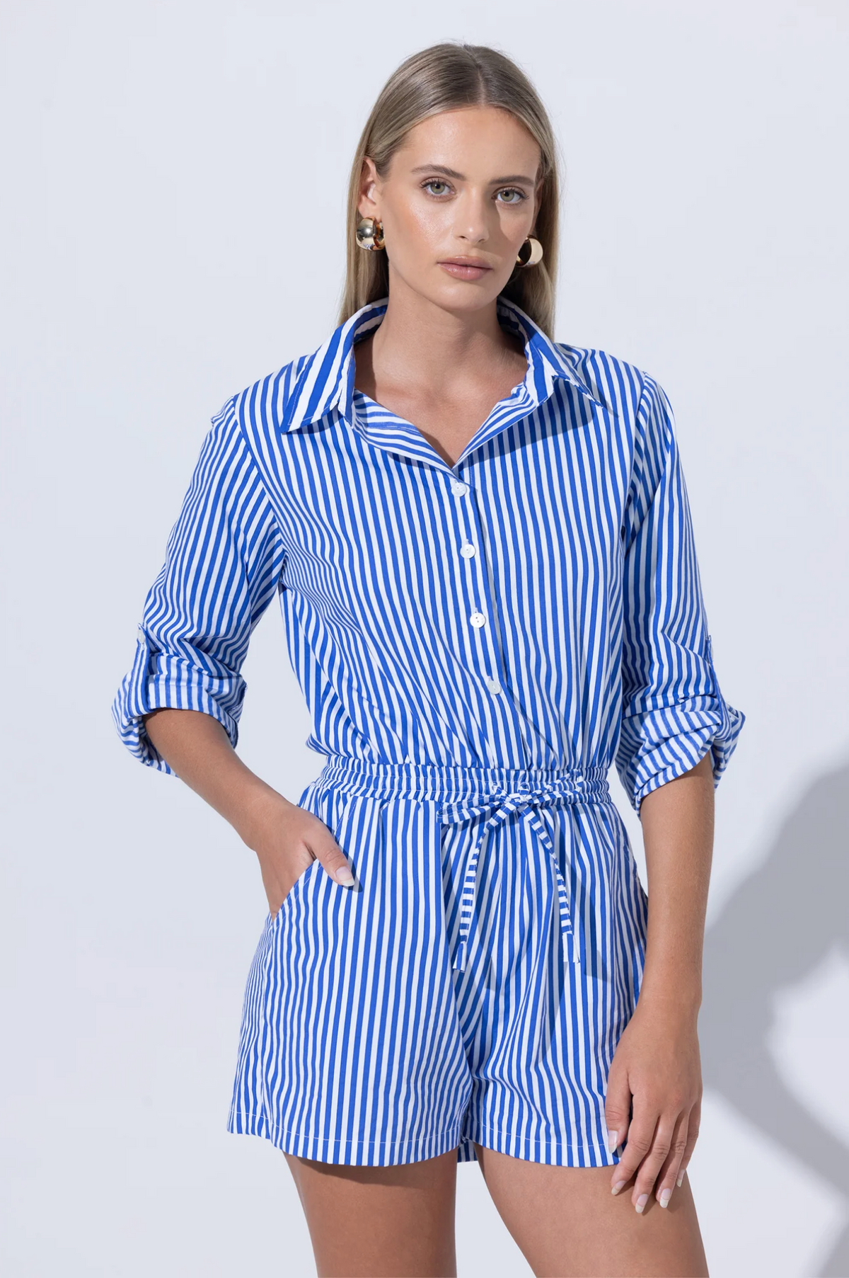 Lusana Phillipa Indigo Poplin Playsuit - Lapis Stripe