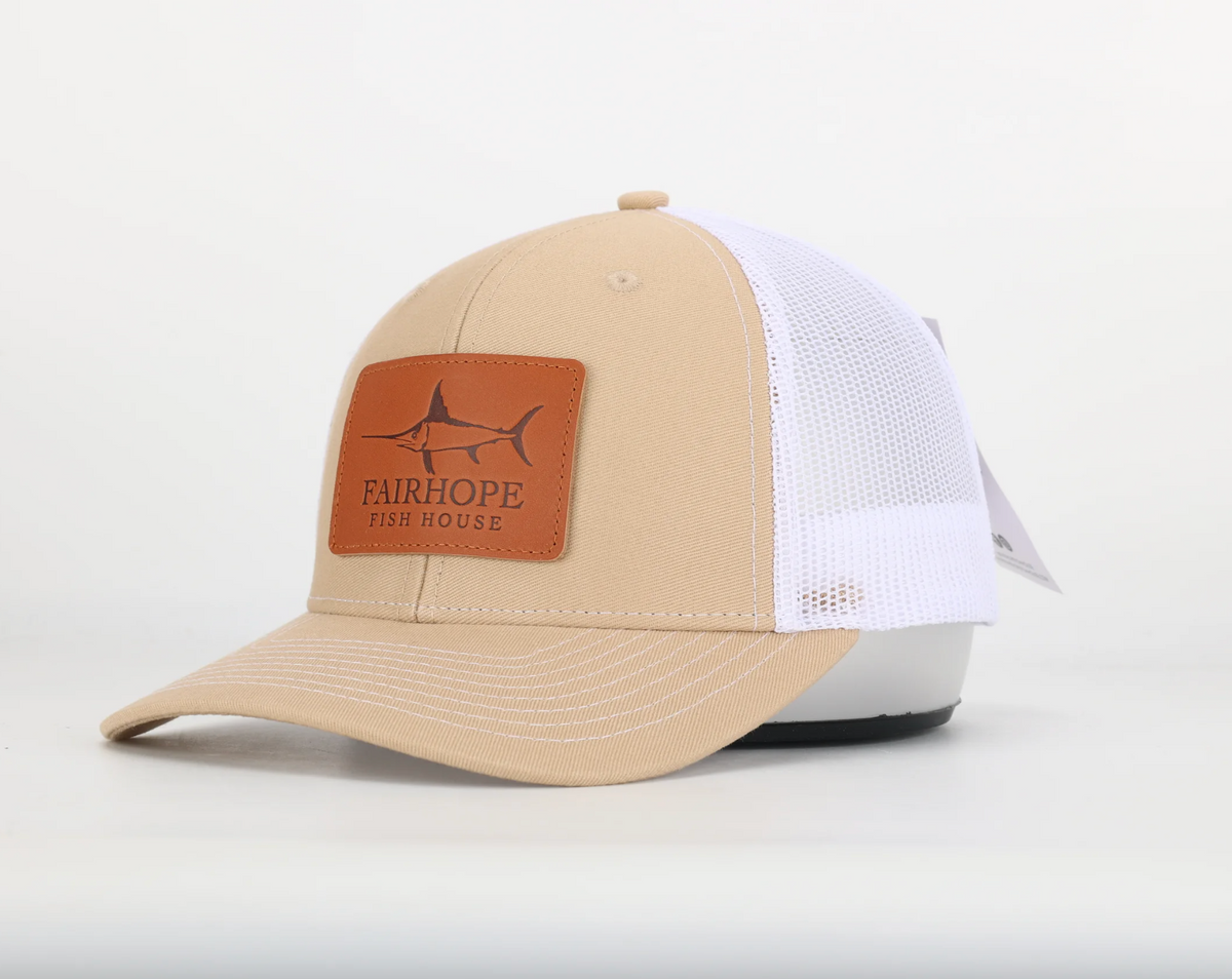 Fairhope Fish House Sword Leather Patch Trucker Hat - Khaki