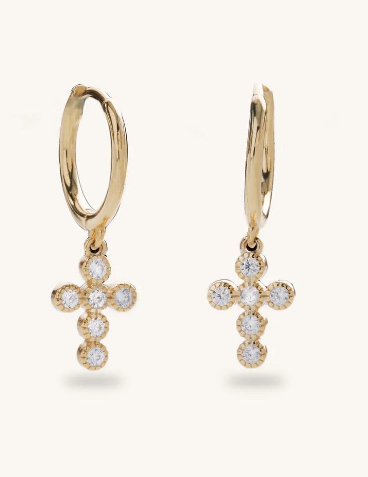 Nikki Smith Crystal Cross Huggies - Gold