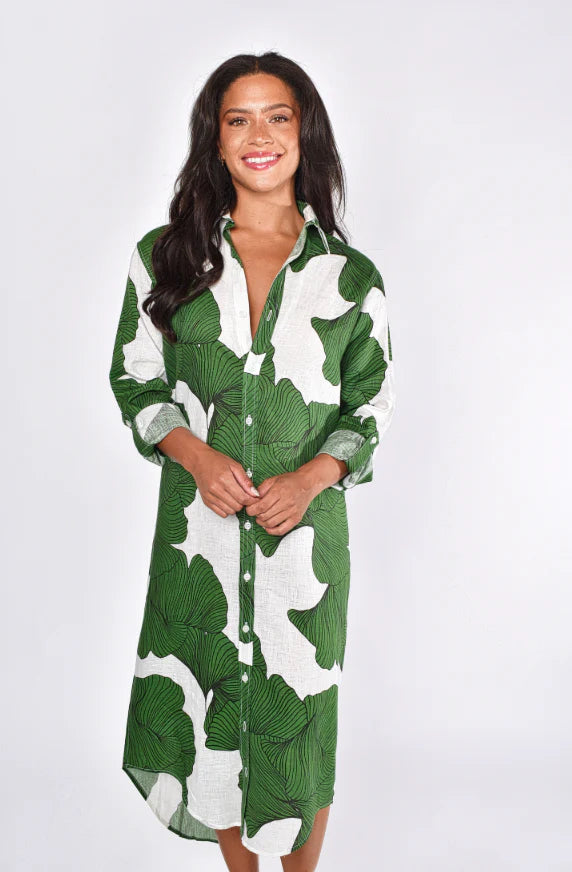 Emily Phillips Ginkgo Linen Girlfriend Dress- Green leaf