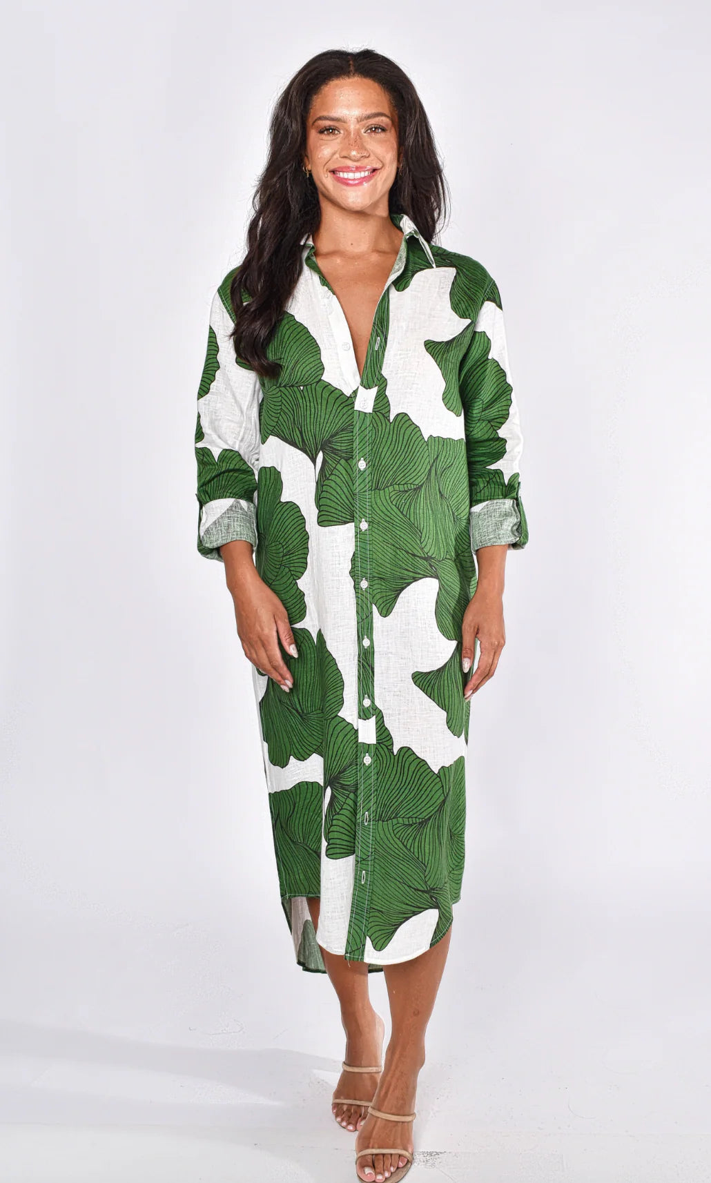 Emily Phillips Ginkgo Linen Girlfriend Dress- Green leaf