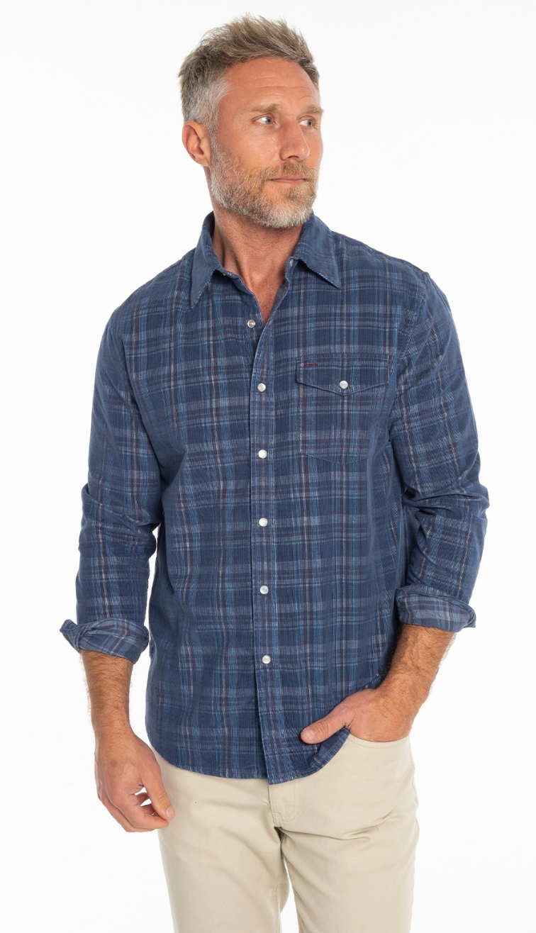 Criquet Long Sleeve Corduroy Pearl Snap - Dusty Blue Plaid