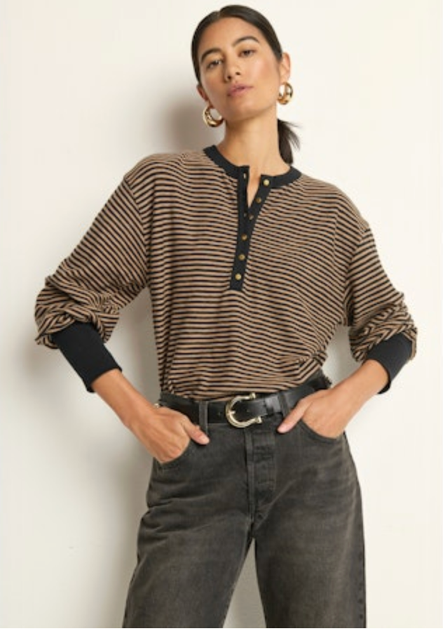 Nation Ltd. Victoria Henley Top - Mini Cocoa Stripe