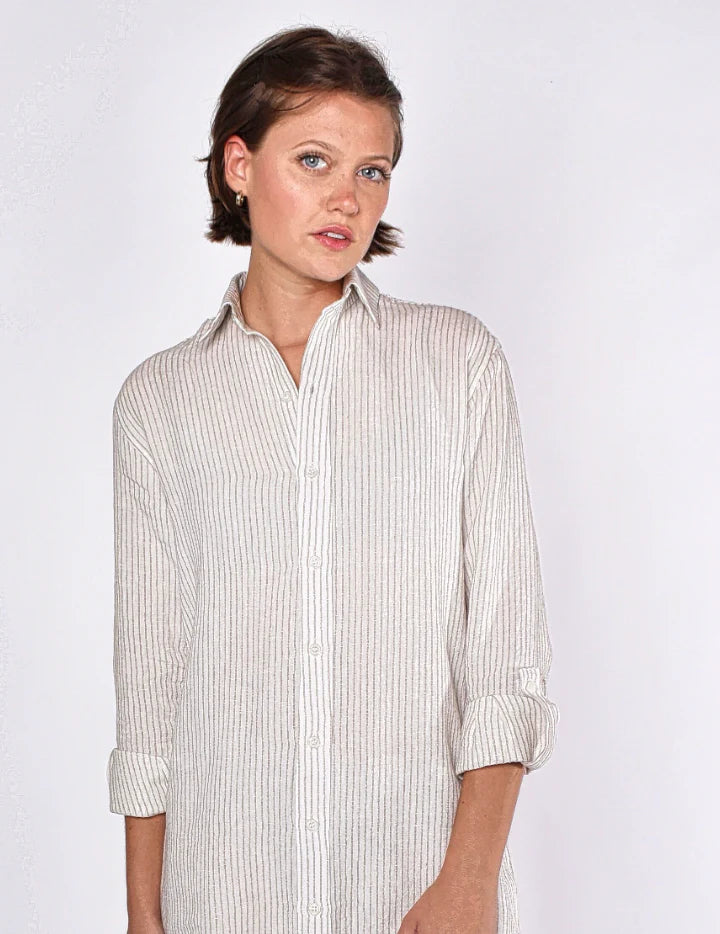 Emily Phillips Stripe Linen Girlfriend Mini Dress- White and Khaki