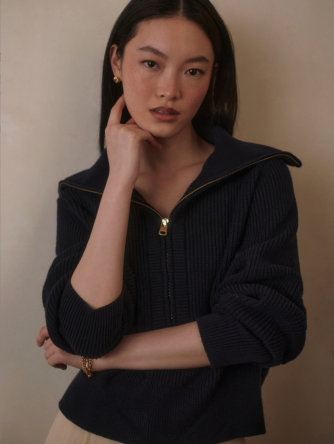 Varley Maura Half Zip Rib Knit - Navy