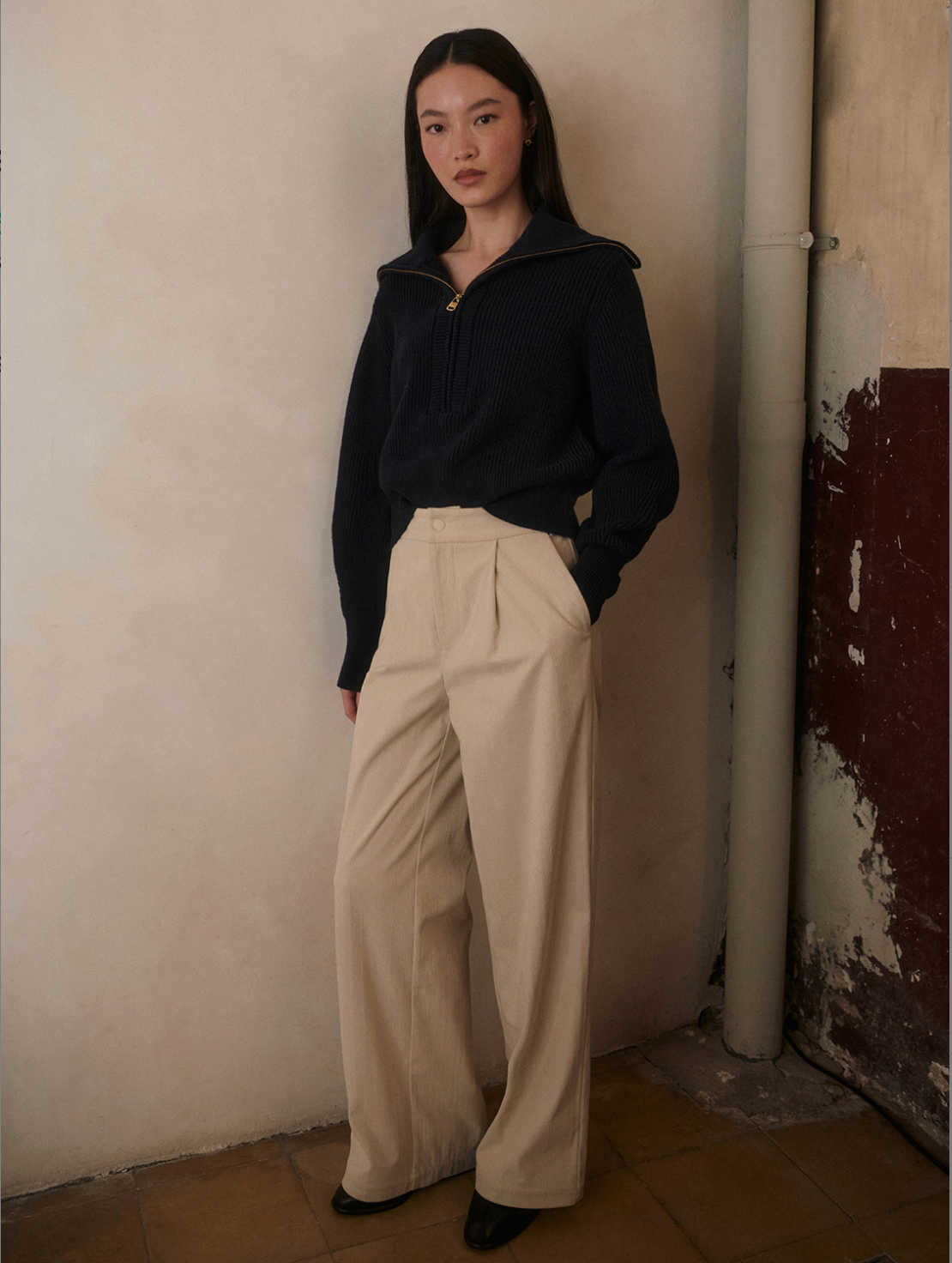 Varley Maura Half Zip Rib Knit - Navy