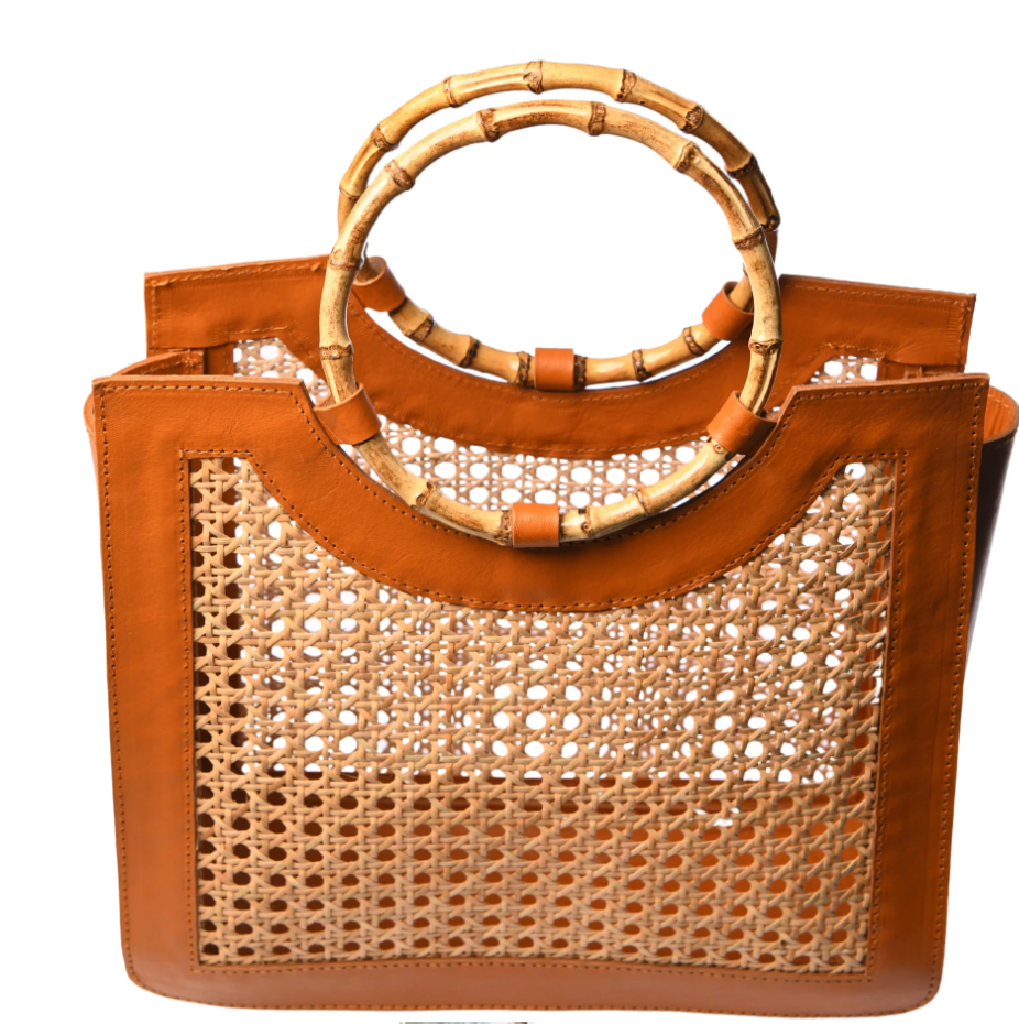 walker & wade Bamboo Handle Wicker Bag - Carmel