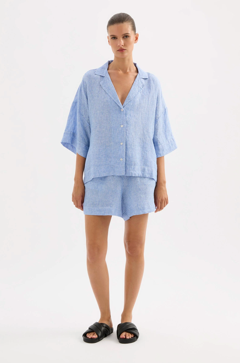 Nude Lucy Lounge Stripe Linen Short - Blue Stripe