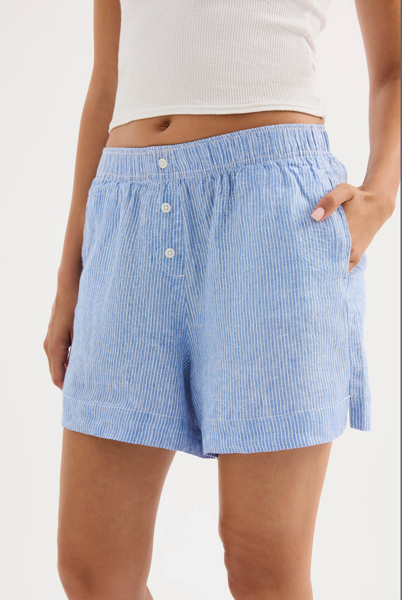Nude Lucy Lounge Stripe Linen Short - Blue Stripe