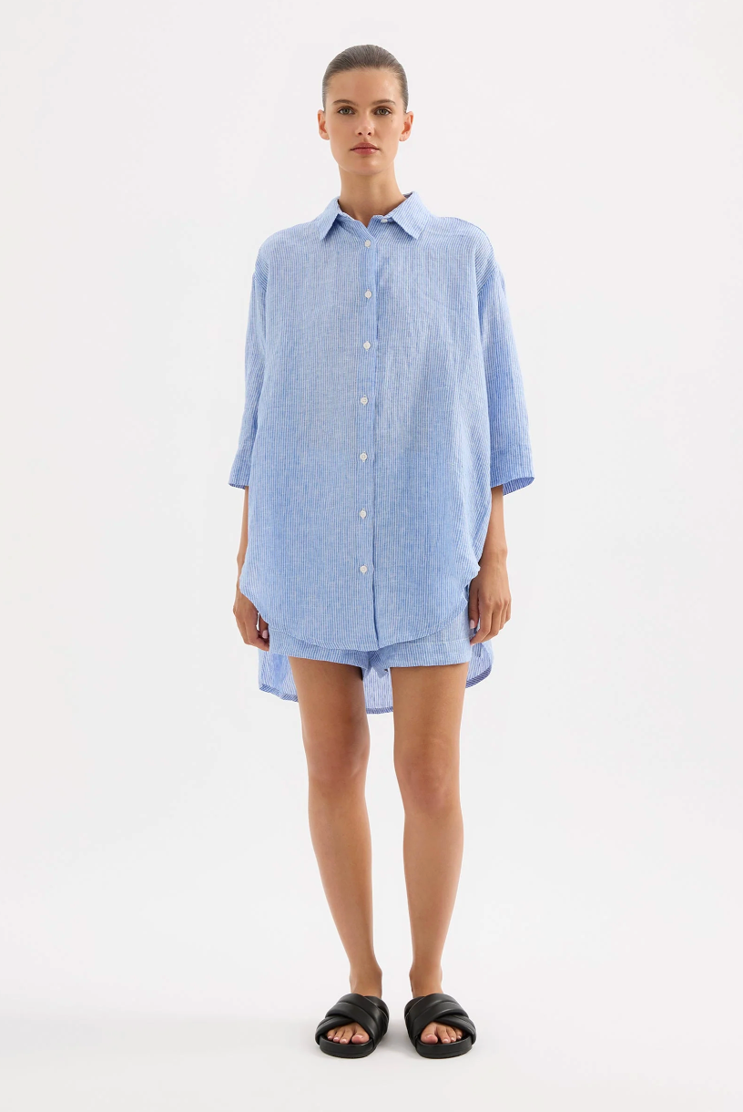 Nude Lucy Lounge Stripe Linen Long Shirt - Blue Stripe